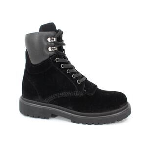 Moncler Patty Black Velvet Leather Trim Lace Up Tie Combat Boots 36 Ankle Bootie